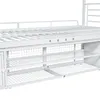 A close-up view of the lower section of a white metal bunk bed frame, showing the slatted mattress support and storage shelves underneath. Anteprima dell’immagine prodotto