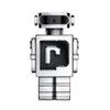 A silver robot-shaped perfume bottle with a black 'P' logo on a white background. Voir les images du produit