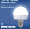 A marketing image for an LED light bulb, highlighting its features and coverage area. Produktbild-Vorschau