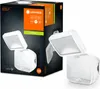 The image shows the product packaging for a battery-powered LED outdoor spotlight, along with two examples of the spotlight itself. Produktbild-Vorschau