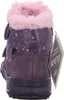 The back view of a child's purple boot with pink polka dots and a pink fuzzy lining. Produktbild-Vorschau