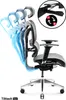An ergonomic office chair shown from a side profile, with animated lines indicating adjustability. A close-up inset shows controls for tilt. Anteprima dell’immagine prodotto