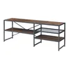 A long, low media console with a dark wood grain top and shelves, supported by a black metal frame. It has multiple shelves and a mesh shelf. Anteprima dell’immagine prodotto