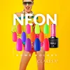A woman wearing sunglasses and headphones is shown against a bright yellow background, with multiple nail polish swatches displayed in front of her. A bottle of nail polish is also visible. Produktbild-Vorschau