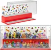A display case for LEGO minifigures with a red base and a white backdrop featuring colorful LEGO-themed graphics. Voir les images du produit