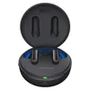 A pair of black LG Tone Free FP9 wireless earbuds are shown inside their charging case, which is open. The interior of the case is blue, and the earbuds are black with silver accents. The LG logo is visible on the inside of the case lid. Text indicating 'w Produktbild-Vorschau