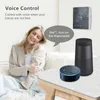 A woman is relaxing on a couch while using voice control to operate a smart thermostat, with smart speakers nearby. Podgląd zdjęcia produktu