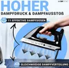 A hand holding a black steam iron, with steam coming out and arrows indicating downward steam distribution. Text overlays highlight product features. Produktbild-Vorschau