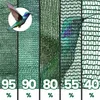 A collage of different shades of green netting with percentages indicating light blockage, featuring a hummingbird in the top left corner. Produktbild-Vorschau