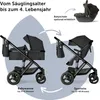 Diagram showing a stroller's transformation from a baby bassinet to a sports seat, with an optional car seat shown above. Produktbild-Vorschau