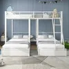 A white metal bunk bed with two lower beds and a top bunk, set in a child's bedroom with blue walls and decorative clouds. Produktbild-Vorschau