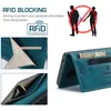 Collage of images showing the features of a phone case, including RFID blocking and card slots. Produktbild-Vorschau