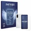 A product package for screen protectors, along with two phones and a screen protector. Produktbild-Vorschau