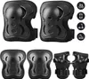 A set of black protective gear for children, including knee pads and elbow pads, arranged on a white background. Small circular icons representing different sports are visible on the right side of the image. Produktbild-Vorschau