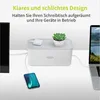 A white cable management box is shown on a desk, organizing cables from a laptop and a smartphone. A small potted plant sits on top of the box. Voir les images du produit