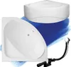 A collage of two white corner bathtubs and a drain assembly, set against a blue and white abstract background. Produktbild-Vorschau