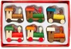 A set of six wooden train ornaments in a red box with a festive pattern. Podgląd zdjęcia produktu