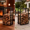 A split image showing a metal firewood rack filled with logs, displayed both indoors next to a fireplace and outdoors on a patio. Produktbild-Vorschau