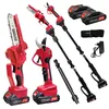 A collection of cordless garden tools, including a chainsaw, pruners, and extension poles, along with batteries and a charger, displayed against a white background. Produktbild-Vorschau