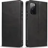 A black leather flip case for a Samsung Galaxy S20 FE phone, shown from the front and back. Produktbild-Vorschau