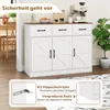 A white and brown sideboard with three drawers and three doors, placed in a room setting with a plant and a coffee machine on top. There are also inset images highlighting safety features. Náhľad obrázku produktu