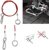 A collage of images showing a red trailer breakaway cable with a ring and carabiner, close-ups of the cable's connectors, and diagrams illustrating its use with a trailer hitch. Produktbild-Vorschau