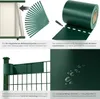 A collage of four images showcasing green privacy screen strips for fences, highlighting features like installation clips, cut-to-size capability, and material properties. Produktbild-Vorschau