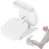 A white shower footrest is shown, with a smaller inset image showing a person using it to shave their leg in the shower. Produktbild-Vorschau