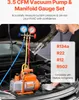 A person is working on a car engine with a vacuum pump and manifold gauge set. Voir les images du produit