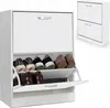 A white shoe cabinet with two shelves, filled with shoes. A smaller, identical shoe cabinet is shown in the background. Voir les images du produit