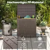 A garden storage box is shown outdoors on a wooden deck, with gardening tools and a watering can nearby. The image highlights the product's features with text overlays. Anteprima dell’immagine prodotto