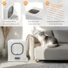 A collage of images showing a white cat litter box with its features highlighted, and a cat sitting on a sofa. Podgląd zdjęcia produktu