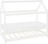A white house-shaped bed frame with a mattress and wooden slats.