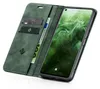 A green flip case wallet for a smartphone, open to reveal the phone screen and card slots. Produktbild-Vorschau