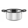 A stainless steel pot with a glass lid and black handles, shown from the front on a white background. Produktbild-Vorschau