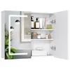 A white bathroom cabinet with its doors open, displaying various toiletries and storage shelves. The cabinet has a mirrored front with integrated LED lighting. Voir les images du produit