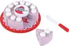 A wooden toy cake with slices, candles, and a knife, set against a white background. Voir les images du produit