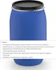A blue plastic drum with a black lid, presented on a white background with a text box listing its advantages. Produktbild-Vorschau