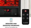 A close-up of an electric fireplace control panel and remote control, with text describing features. Produktbild-Vorschau