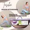 A collage-style marketing image for a yoga cushion, featuring two women practicing yoga and a close-up of the product packaging. Produktbild-Vorschau