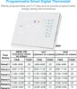 A programmable smart digital thermostat displayed on a white background, with a table detailing its programming schedule. Podgląd zdjęcia produktu