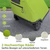 A green shopping trolley is shown on a paved surface with grass in the background. Text and icons highlight product features. Produktbild-Vorschau