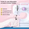 A close-up of a white sewing machine with purple accents, with fabric underneath the needle. Text overlays describe features. Produktbild-Vorschau