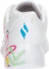 The image shows the back view of a white sneaker with colorful graffiti-style artwork and a blue Skechers logo. Voir les images du produit