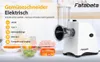 A white electric vegetable slicer is shown with various vegetables and fruits around it, along with text highlighting its features. Produktbild-Vorschau