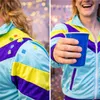 A collage of two images showing a person wearing a retro tracksuit and holding a blue cup. Produktbild-Vorschau