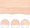 A close-up view of a wooden shelf with a natural, wavy edge, shown from the top. Three circular insets at the bottom display close-ups of the shelf's edge. Náhled obrázku produktu