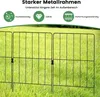 A black metal garden fence is shown in a grassy outdoor setting, with marketing text and icons above. Produktbild-Vorschau