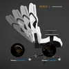 A white gaming chair is shown with its backrest tilted back to demonstrate its reclining feature. Inset circles highlight the 'Relaxing rocking mode' and 'Backrest tilt adjustment' features. Anteprima dell’immagine prodotto
