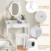 A white vanity table with a mirror and stool, featuring close-up insets highlighting product features. Voir les images du produit